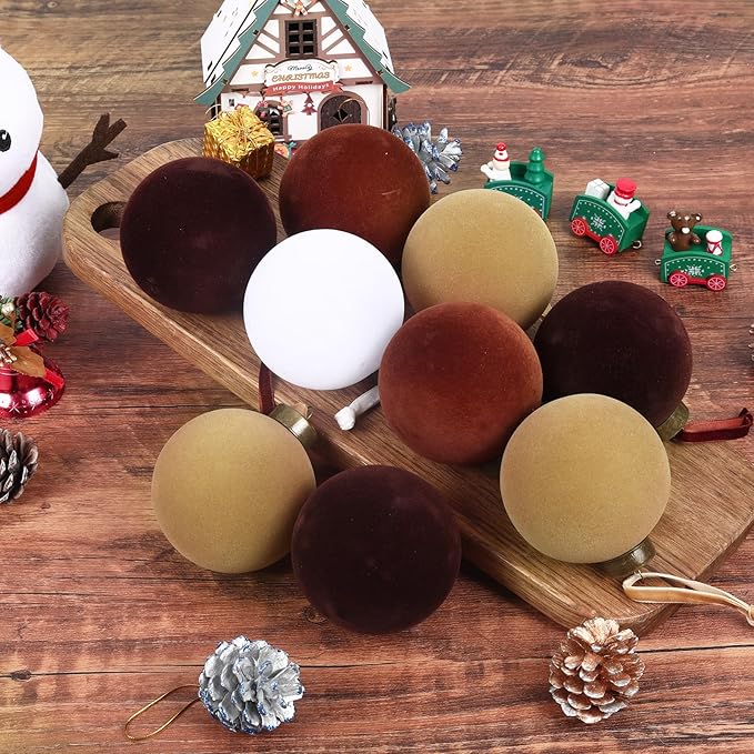 24 PcsVelvet Christmas Balls Bulk Shatterproof Plastic Christmas Tree Decorations for Decorative Hanging Baubles (24, White、Khaki、Brown、Coffee, 2.36Inch)
