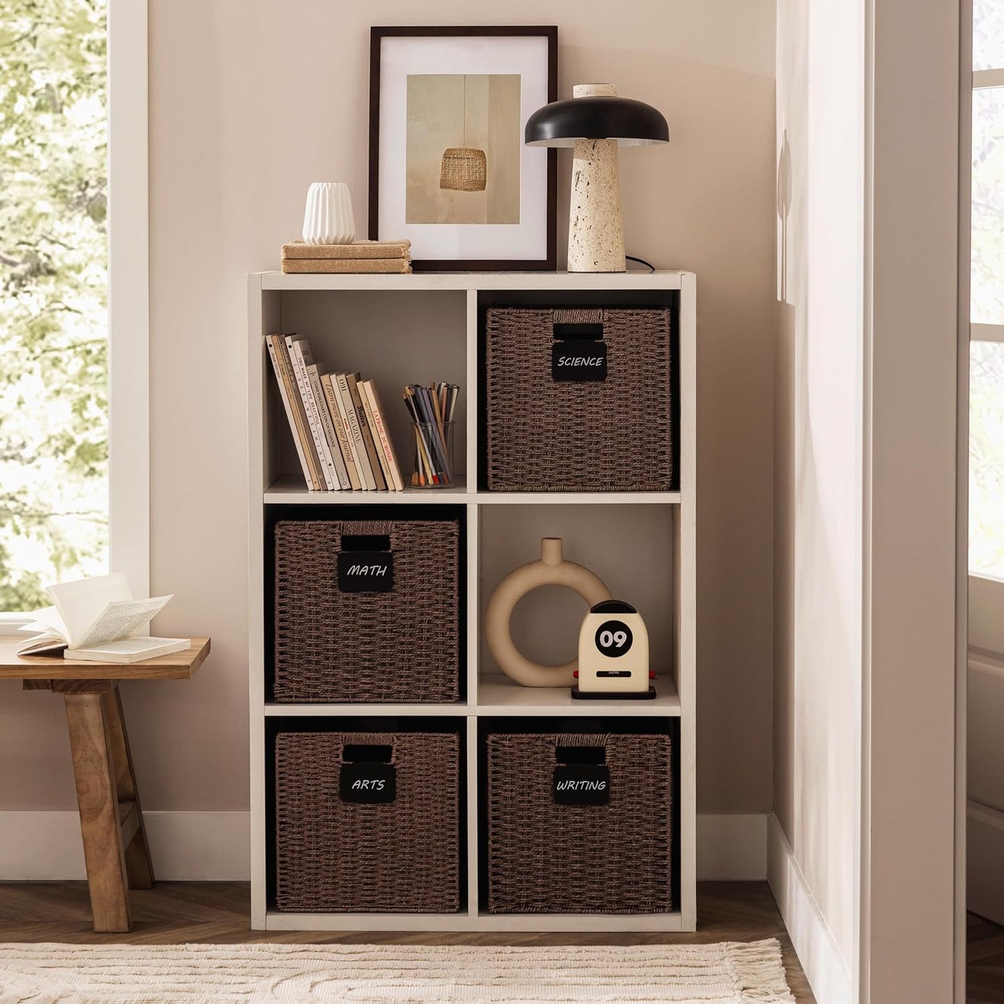 UBBCARE 2 Pack Wicker Basket, 12×12 Storage Cubes with Label, Foldable Cube Storage Bin with Handle, Square Storage Basket for Shelves, Woven Paper Rope Basket for Organizing, Brown