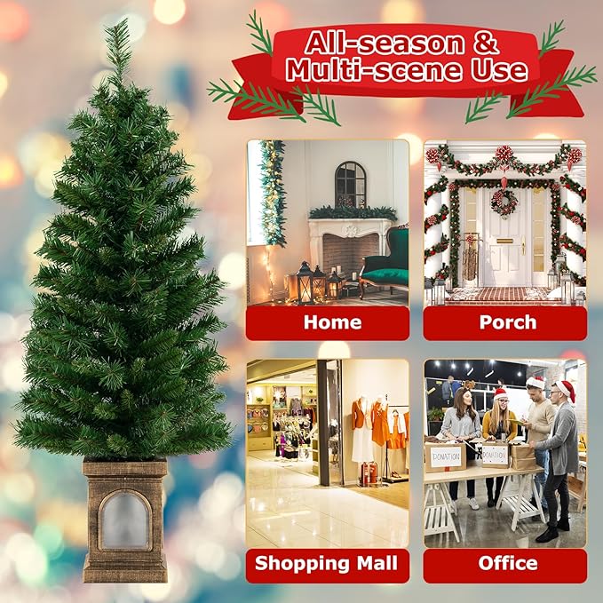 GOFLAME 4FT Pre-Lit Potted Christmas Tree, Artificial Entrance Xmas Tree with 100 LED Lights, 60 Branch Tips, Timer, Holiday Decoration Tree with 3 Lighting Modes, 4 Adjustable Brightness