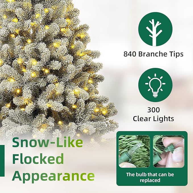 6ft Pre-Lit Snow Flocked Christmas Tree with 300 White Lights, 840 Full PVC Branch Tips,Mixed Green & White, Hinged Quick-Assembly Design, Lush Artificial Xmas Tree for Holiday Home Décor