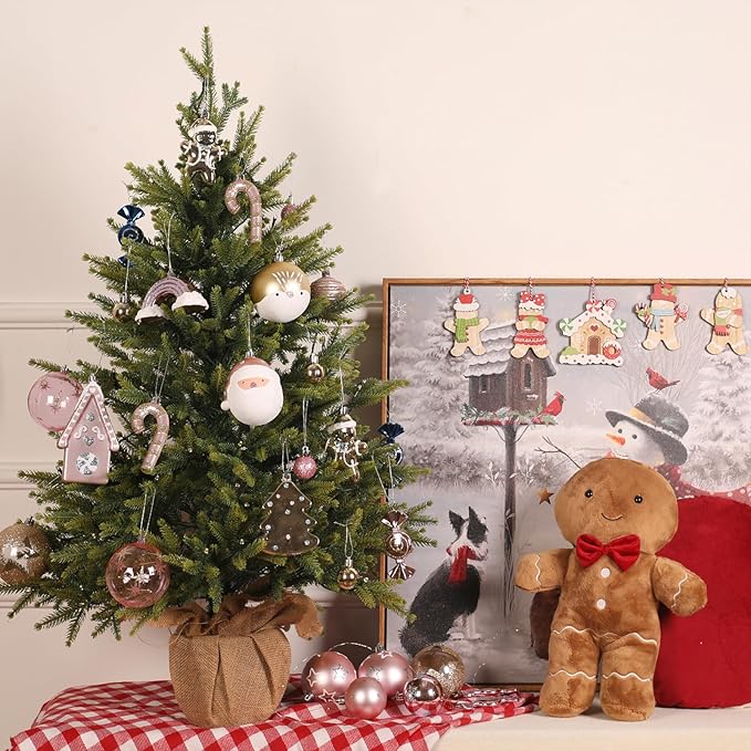 Alupssuc 65pcs Christmas Balls Ornaments Set, Shatterproof Plastic Baubles Gold Gingerbread House, and Tree Topper for Xmas Tree Holiday Wedding Party Decorations with Hanging Strings, Macaron Pink