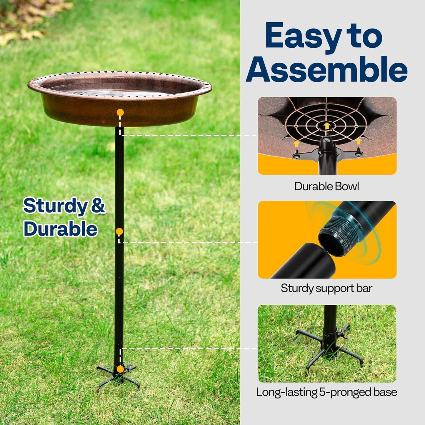 VIVOHOME Oval Polyresin Bird Bath Bowl with Metal Stake, 29 Inch Height Outdoor Freestanding Birdfeeder, Capacity 1.3 Gallons, 5-Pronged Base, Bronze