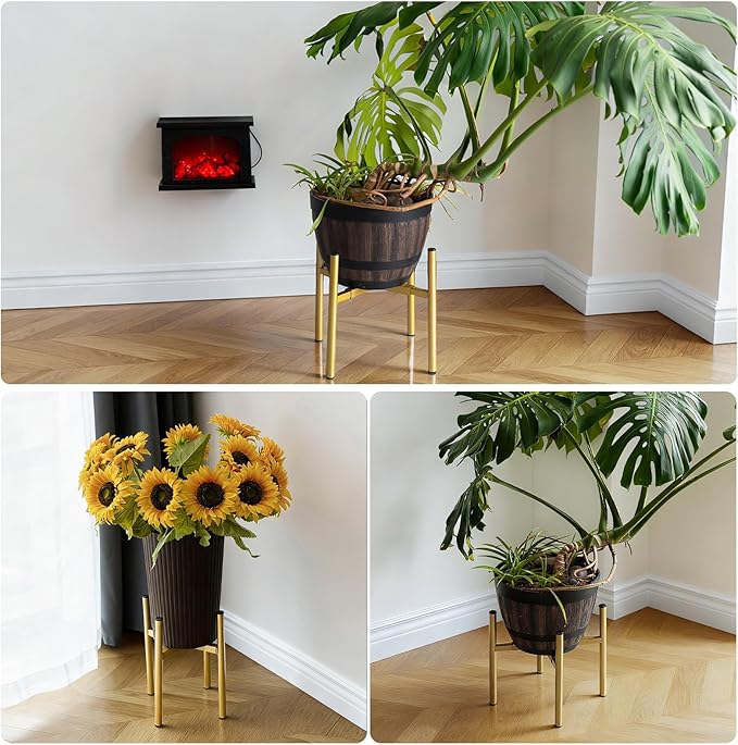 Adjustable Metal Plant Stand Indoor, Mid Century Modern Outdoor Planter Holder for 8 to 14 Inch Pots, Heavy Duty 160 LB Load, Corner Floor Stand for Home Garden Decor Golden