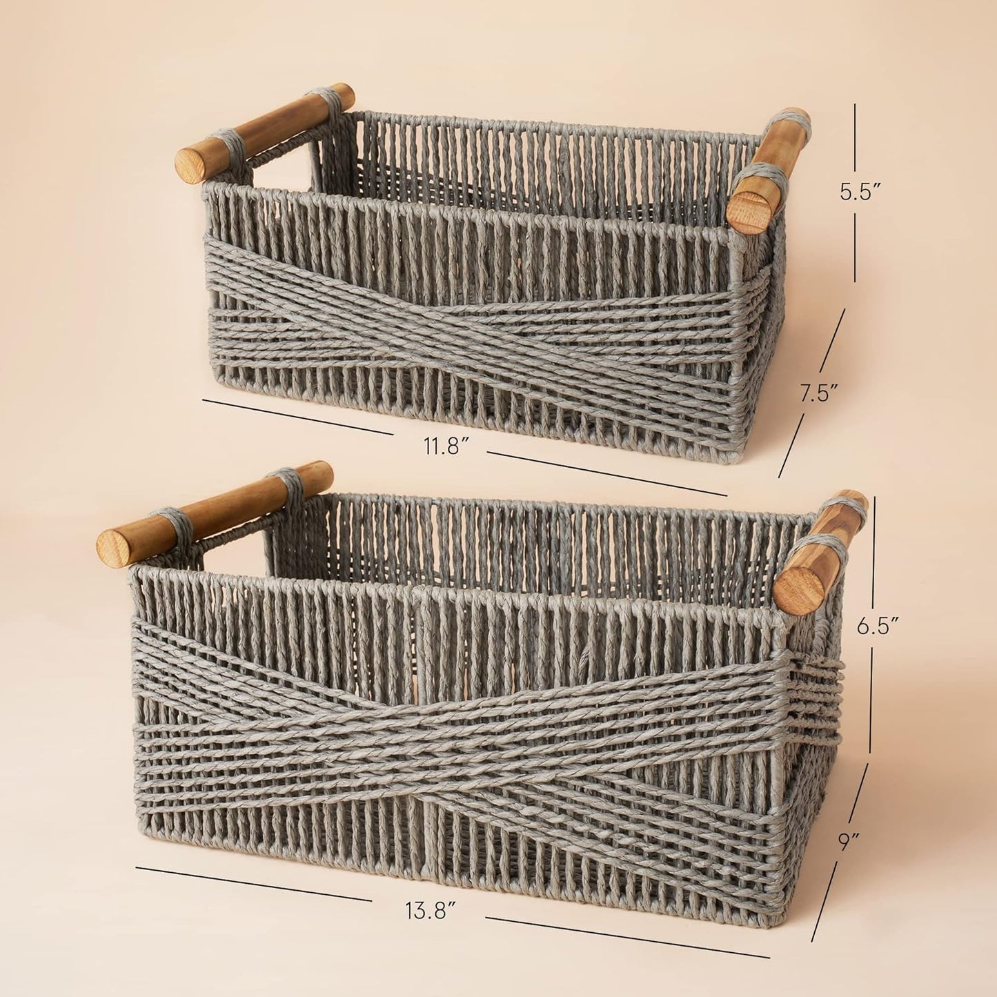 LA JOLIE MUSE Wicker Storage Baskets for Organizing, Recyclable Paper Rope Basket with Wood Handles, Decorative Hand Woven Basket Organizers for Makeup Books Shelves Living Room, Grey, Set of 2