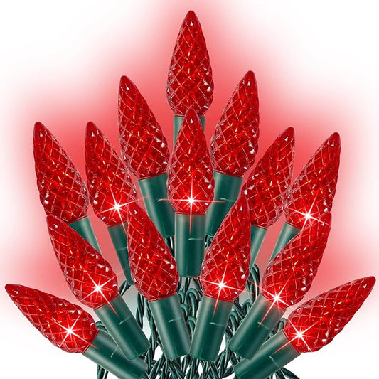 Dazzle Bright C6 Christmas String Lights, 100 LED 33 FT Waterproof Connectable Green Wire Fairy Lights, 8 Modes Christmas Lights for Indoor Outdoor Home Garden Yard Xmas Tree Decorations (Red)