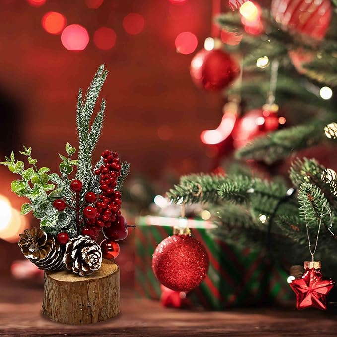 GIft Boutique Christmas Mini Tabletop Tree with Small Artificial Decorative Pine Cone Berries Ornaments Wood Base Home Room Indoor Outdoor Party Decor