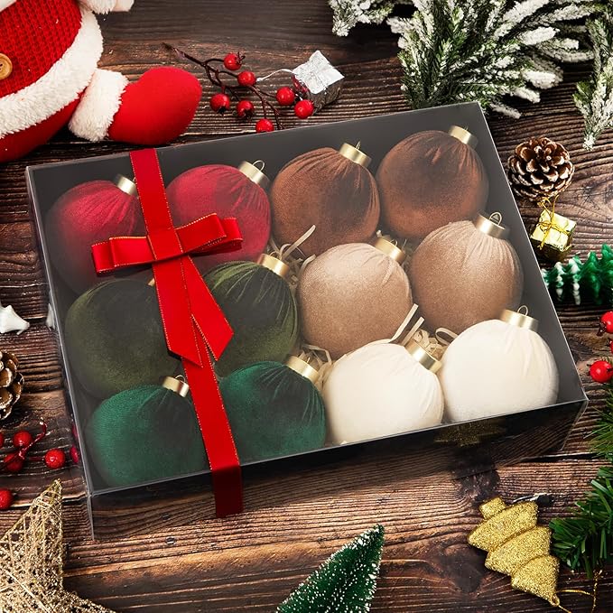 Festiva Christmas Tree Ornaments Velvet Balls - 12 Pcs 6 Color Shatterproof Christmas Tree Ornaments Velvet 3.15 Inch Balls, for Xmas Wedding Party Holiday Decorations (Gift Box)