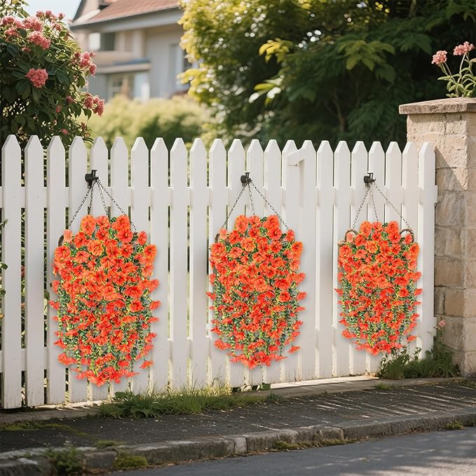 Rich and Eye-catching 5 PCS Artificial Hanging Flowers，Silk Morning Glory Faux Flowers with Eucalyptus Leaves,uv Resistant Fake Hanging Petunias Plants for Yard Decoration(Orange)