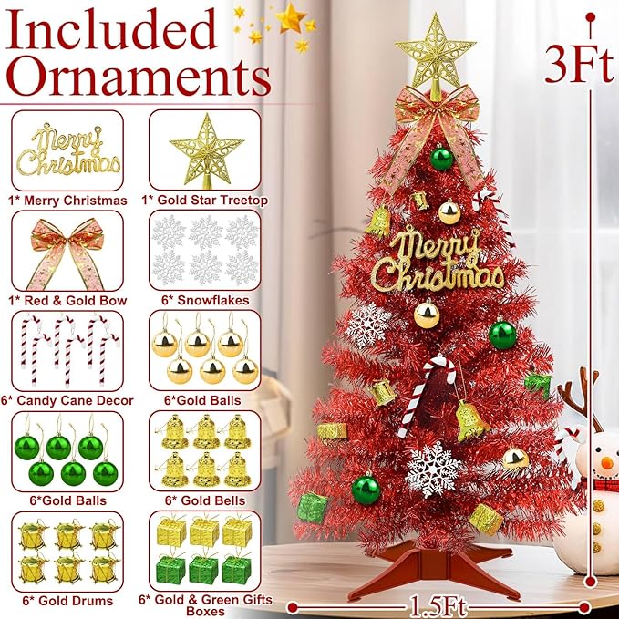 Valentines Day Decorations 3 FT Artificial Valentines Christmas Tree,Tabletop Small Christmas Tree with 50 Warm White & Multicolor Changing Lights Timer 8 Modes DIY Ball Ornaments Holiday Decoration