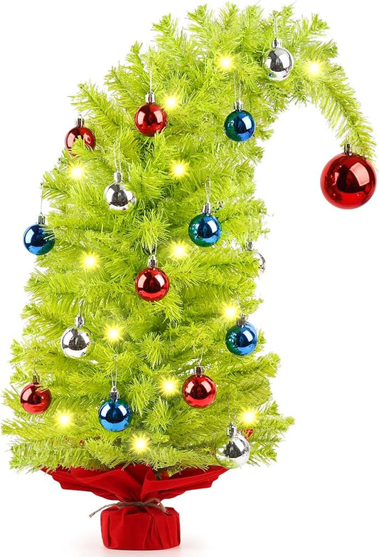 MACTING Mini Christmas Tree with 40 Lights, 2 FT Whimsical Curved Plastic Tree with Red Ball Top Christmas Tabletop Tree 8 Lighting Modes for Fireplace Desktop Home Indoor Xmas Decor(Lime Green)