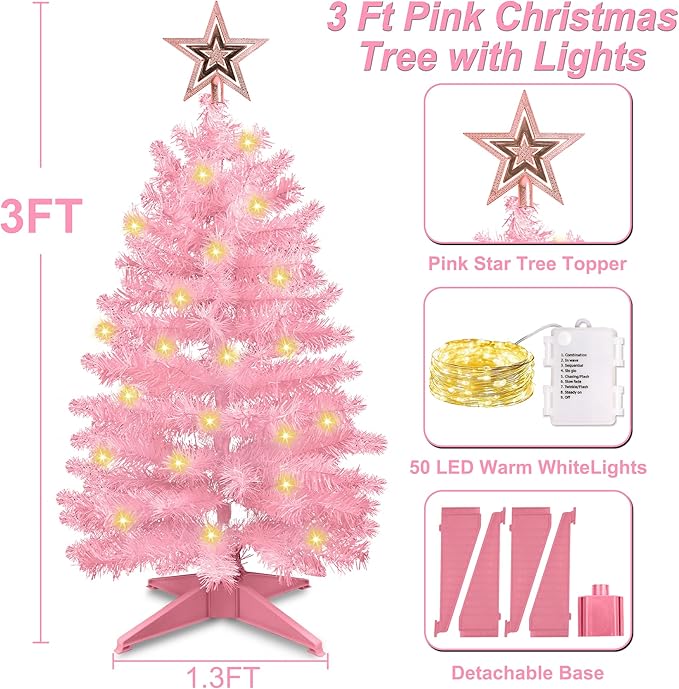 3 Ft Pink Christmas Tree with Lights, Timer 8 Modes 50 Warm White Lights Battery Operated Small Artifical Full Christmas Tree for Tabletop Home Office Indoor Outdoor Xmas Holiday Party Decorations