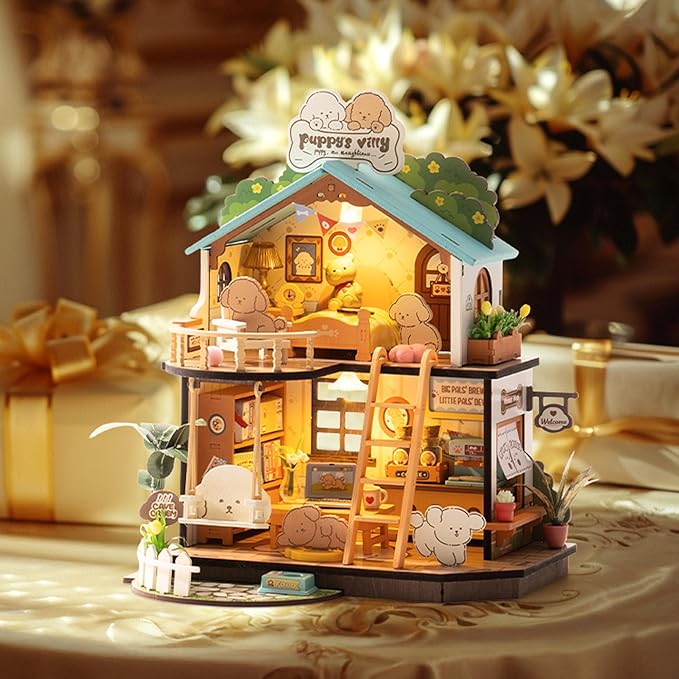 ROBOTIME DIY Miniature House Kit, Mini Wooden Dollhouse Diorama Model, Tiny House Building Kits,Birthday Christmas Craft Hobbies Gift for Teens Kids and Friends（Puppy's Cozy Villa）