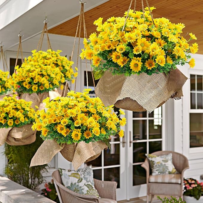 10pcs Outdoors Artificial Mum Flowers UV Resistant Daisy Fake Silk Chrysanthemum Greenery Faux Eucalyptus Plants for Spring Summer Garden Patio Window Box Planter Home Decor(Yellow)