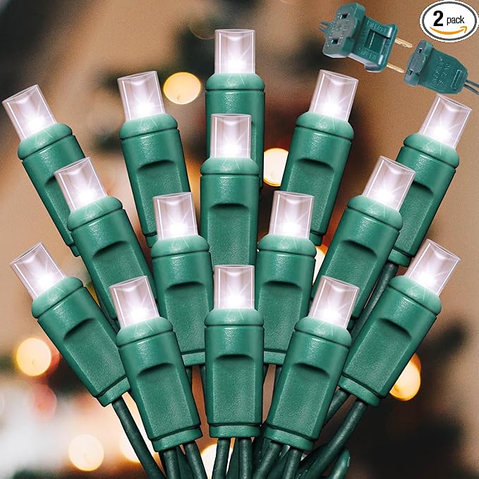 LAMPHOME 100Count (2pk of 50L) String Lights, LED Christmas Lights, 6" SPACING,Green Wire,White