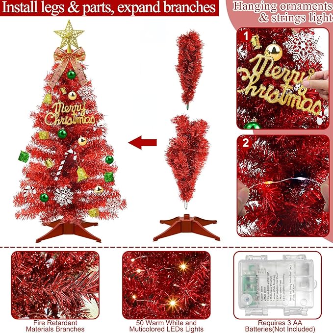 Valentines Day Decorations 3 FT Artificial Valentines Christmas Tree,Tabletop Small Christmas Tree with 50 Warm White & Multicolor Changing Lights Timer 8 Modes DIY Ball Ornaments Holiday Decoration