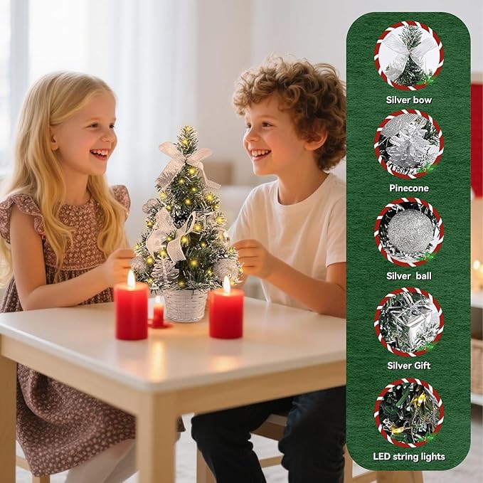 Tabletop Christmas Tree 11.81Inches Mini Artificial Christmas Tree with LED String Lights, Tabletop Small Xmas Tree for Holiday Indoor Christmas Decorations Silver