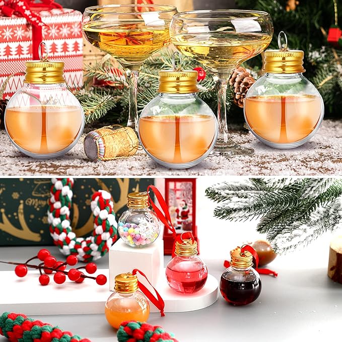Patelai 18 Pcs Christmas Drink Balls Clear Shot Glass Ornaments Xmas Tree Fillable Ornaments Plastic Xmas Water Bottle Bulbs for Holiday Party Decorations (Round,50 ml)