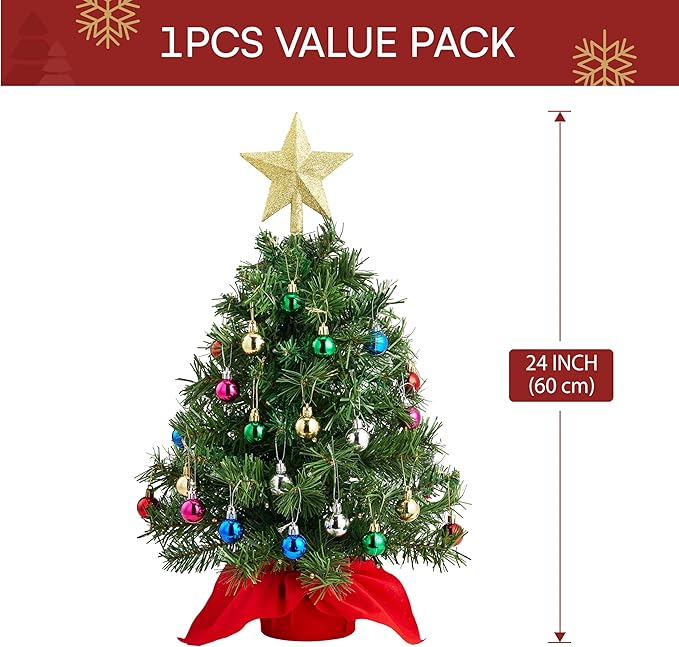 Joiedomi 24"/2FT Mini Christmas Tree Tabletop Set with Clear LED Lights, Artificial Mini Christmas Tree with Star Treetop and Hanging Ornaments, Best DIY Xmas Decorations