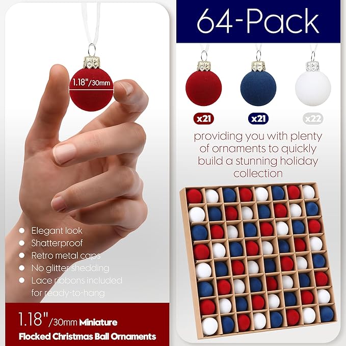 Sea Team 64-Pack Miniature Flocked Velvet Christmas Tree Ball Ornaments Set, Hanging Velour Baubles, Shatterproof Plastic Decorations for Xmas Tree, Wreath, Garland, 30mm/1.18 Inches, US Flag