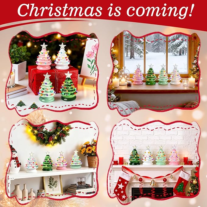 5" Mini Ceramic Christmas Trees Set of 4 with Light, Small Tabletop Vintage Lighted Battery Operated Ceramic Christmas Tree for Home Office Table Holiday Decorations
