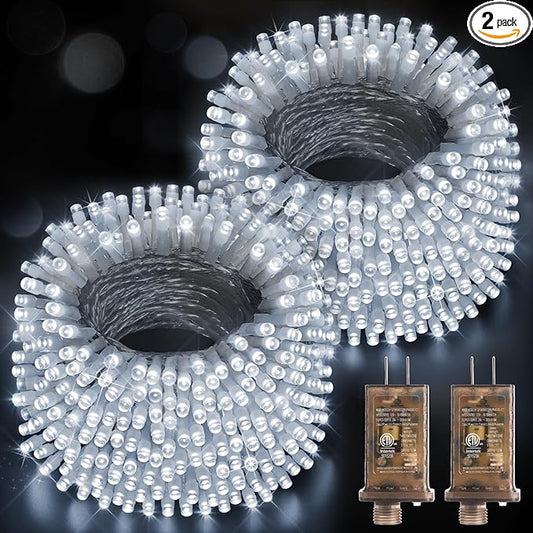 Hezbjiti 2 Pack 1000 LED 403 FT Christmas String Lights Outdoor, 8 Lighting Modes IP44 Waterproof Fairy Lights with Timer and Dimmable Function for Party Tree Decorations Cold White, Clear Wire