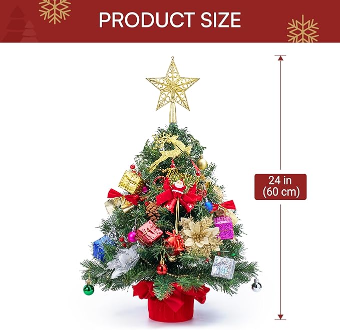 JOIEDOMI 24"/2FT Pre-lit Tree with Decoration Kit Artificial Christmas Tabletop Tree with 70 Branch Tips 30 LED Lights, Includes Star Topper Ornaments, Battery Operated Mini Tree for Indoor Xmas Decor