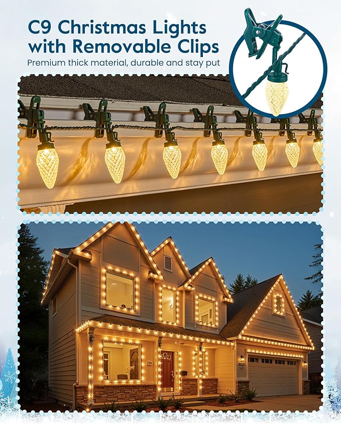 C9 LED Christmas Lights Outdoor with 100 Spring Clips, 81FT 100 LED C9 String Lights Waterproof Connectable for Outside Roofline Patio House Yard Windows Garden Christmas Decorations, Warm White