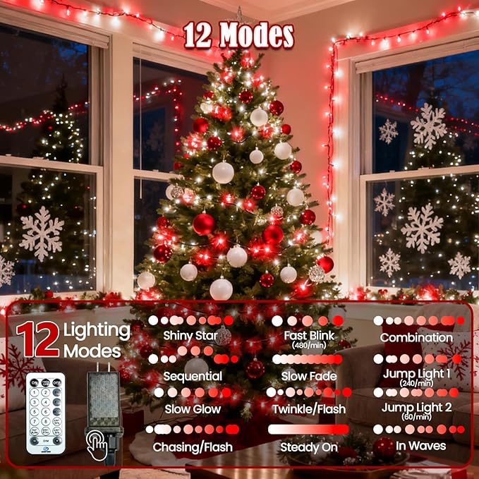 Voice Control 88ft 240LED Smart Christmas String Lights Outdoor/Indoor | String Lights Plug in with Remote, 12Modes, 7Voice Commands & Timers, Christmas Twinkle Light for Xmas Tree Decor (Red & White)