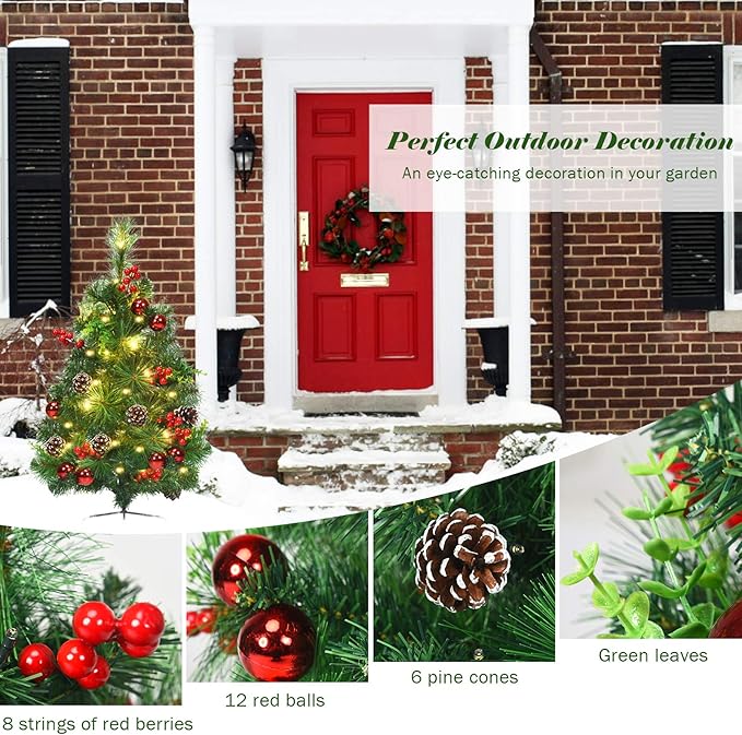 Happygrill Set of 2 29 inch Outdoor Pathway Christmas Trees, Pre-Lit Christmas Trees with 30 LED Lights, 8 Light Modes, Porch Christmas Trees for Holiday Decoration