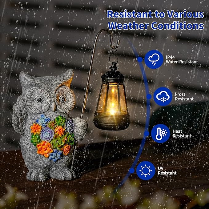 Solar Owl Garden Statue with Succulent Decor & Hanging Lantern – Outdoor Resin Decor for Patio, Yard, Balcony – Unique Gift for Women, Gardeners