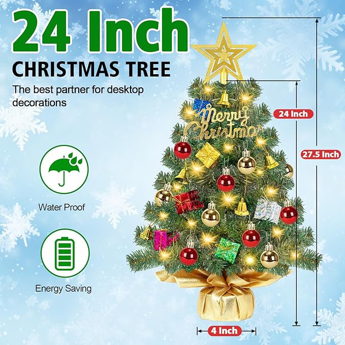 24 Inch Realistic Tabletop Christmas Tree Small Christmas Tree with 50 Warm Lights Star Treetop and Ornaments Battery Operated Indoor Home Table Christmas Decorations