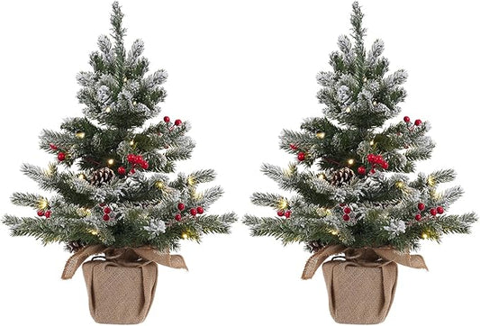 24 Inch 2 FT Pre-lit Snowy Mini Christmas Tree, DECSPAS Small Tabletop Flocked Christmas Tree with 20 LED Lights Red Berries Pine Cones and Cloth Bag Base Xmas Decorations for Holiday Party (Color B)