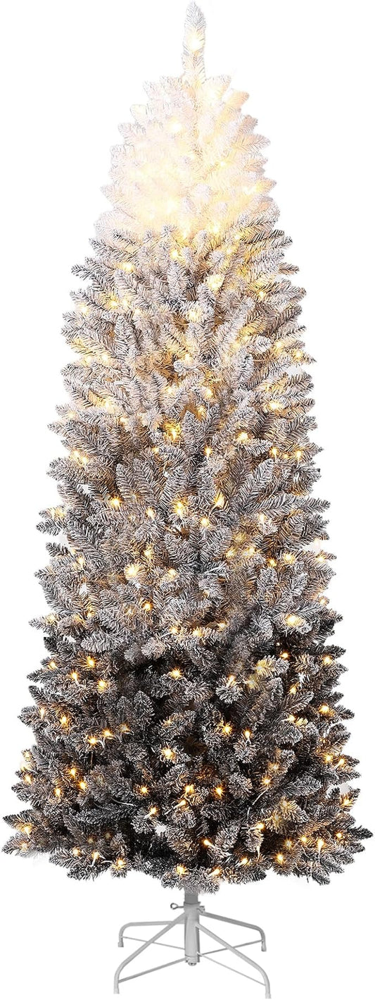 GAOMON 7.5Ft Prelit Black Christmas Tree with Lights Slim Artificial Halloween Christmas Tree Artificial Pencil Tree Automatic Branches for Home, Office, Party Decoration, White & Black Gradient