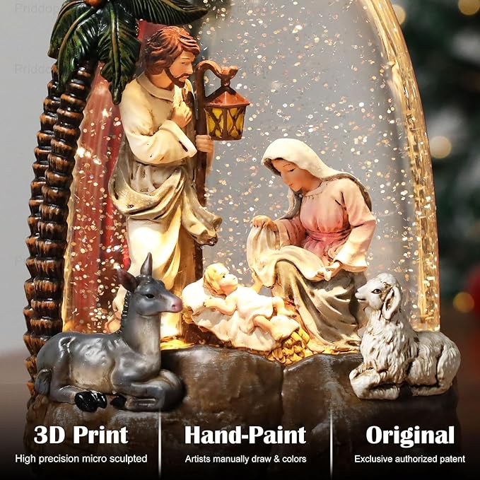 Nativity Snow Globe Christmas Decorations Gifts Nativity Scene Sheep Donkey Musical Glitter Snowfall USB/Battery Timer 8.8 inch