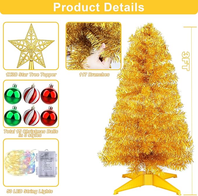 3 FT Small Artificial Christmas Tree with 50 Warm White & Multicolor Lights 15 Ball Ornaments Full Mini Xmas Tree for Tabletop Indoor Home Office Table Desk Holiday Decoration Gold