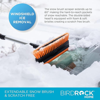 BIRDROCK HOME 60" Extendable Car Snow Brush and Ice Scraper | Lightweight Aluminum Snow Clearing Tool w/Detachable Ice Scraper w/Ergonomic Grip Design | 13" Foam & Bristle Head for Truck Car SUV RV