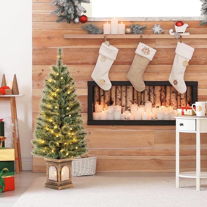 GOFLAME 4FT Pre-Lit Potted Christmas Tree, Artificial Entrance Xmas Tree with 100 LED Lights, 116 Branch Tips, Pine Needles, Timer, Holiday Decoration Tree with 3 Lighting Modes, 4 Brightness