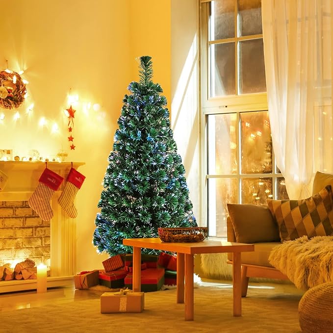 HAPPYGRILL 5FT Pre-Lit Fiber Optic Christmas Tree Artificial Christmas Tree with 170 PVC Tips, Green Xmas Tree with LED Lights for Indoor Outdoor Festival Decor