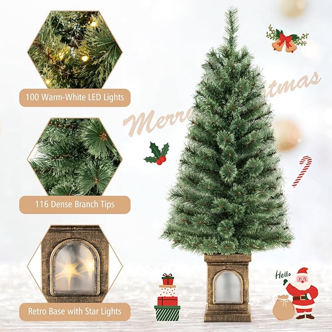 GOFLAME 4FT Pre-Lit Potted Christmas Tree Set of 2, Artificial Entrance Xmas Tree with 100 LED Lights, 116 Branch Tips, Pine Needles, Timer, Holiday Decoration Tree with 3 Lighting Modes, 4 Brightness