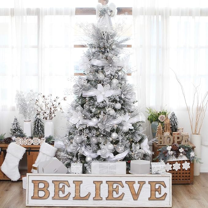 Sea Team 50mm/1.97" Shatterproof Clear Plastic Christmas Tree Ball Ornaments Set, Decorative Hanging Transparent Xmas Baubles with Stuffed Delicate Decorations (30 Counts, Silver)