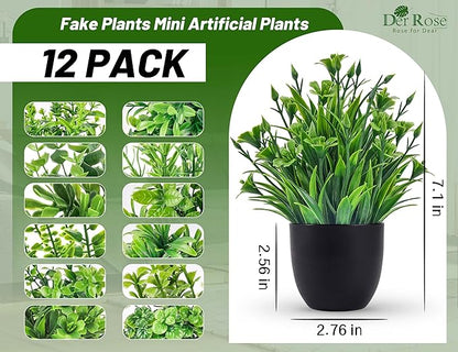 Der Rose Fake Plants 12 Pack Artificial Plants Small Faux Plants in Black Pot for Bathroom Home Office Table Decor Indoor
