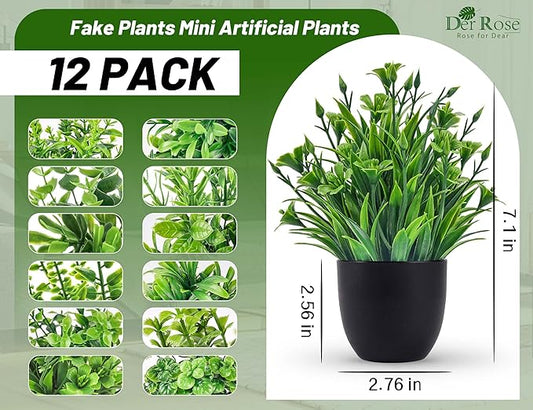 Der Rose Fake Plants 12 Pack Artificial Plants Small Faux Plants in Black Pot for Bathroom Home Office Table Decor Indoor