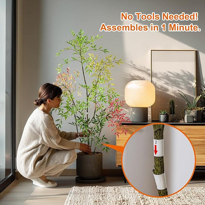 6ft Faux Bamboo Tree Artificial Nandina Tree Artificial Indoor Plants Realistic Fake Potted Tree with 800+ Leaves, Cement Planter - Home Office Decor Perfect for Housewarming Gift Non-Toxic