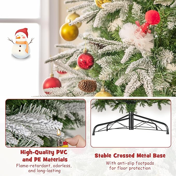 Goplus 9 FT Pre-Lit Artificial Christmas Tree, Snow Flocked Hinged Xmas Tree with 690 Warm-White LED Lights, 1871 Tips, 117 Pine Cones, Lighted Xmas Tree for Office Home Decoration