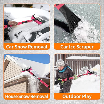 METOWARE 44'' Snow Brush and Ice Scrapers for Car Windshield, Extendable Snow Brush for Car with Ergonomic Foam Grip and 360° Pivoting Brush Head for Car SUV Truck Pink