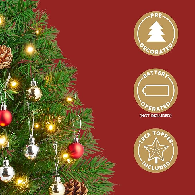 Joiedomi 24 Inch/2FT Tabletop Mini Christmas Prelit Decoration, Artificial Mini Xmas Pine Tree with Prelit LED String Lights and Ornaments Decor, Christmas New Year Decoration Tree Decor