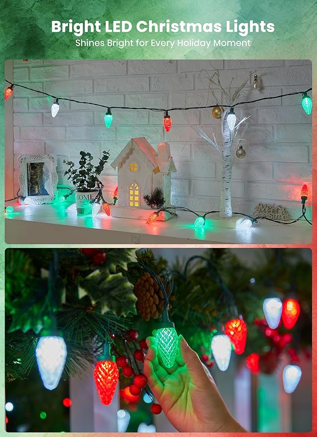 C9 LED Christmas Lights Outdoor, 81 Feet 100 LED String Lights with Timer & 8 Light Mode, Waterproof Connectable Christmas Tree Lights for Outside Indoor Roofline Patio Decor, Red, Green & Pure White