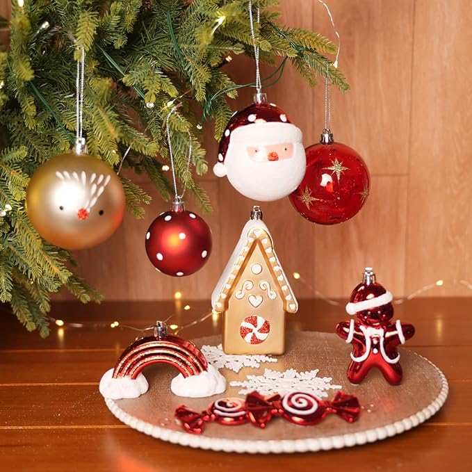 Alupssuc 65pcs Christmas Balls Ornaments Set, Shatterproof Plastic Baubles Gingerbread House, and Tree Topper for Xmas Tree Holiday Wedding Party Decorations with Hanging Strings, Gold & Red, White
