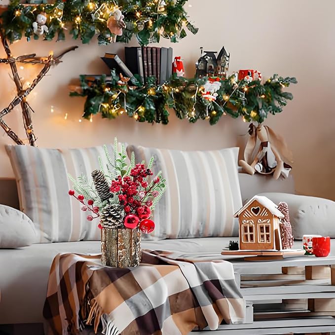 Small Christmas Tree, Artificial Mini Tabletop Decorations with Pine Cones Red Berries for Home Party Christmas Decorations Winter Indoor Outdoor