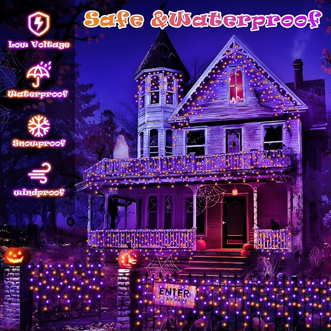 Heceltt Halloween Lights Outdoor Decorations, 640 LED 66FT Orange and Purple Light, 8 Modes Plug in 120 Drops Ice String Lights with Timer Memory Function Hanging Light for Halloween Party Decor